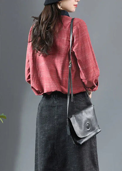 Red Peter Pan Collar Patchwork Cotton Shirt Long Sleeve