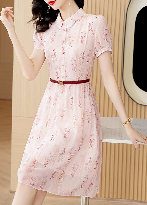 Pink Peter Pan Collar Print Chiffon Shirts Dress Short Sleeve
