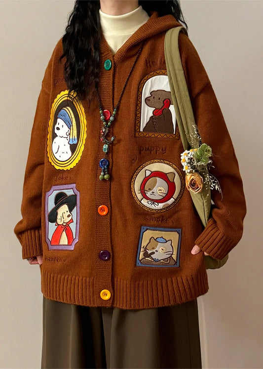 Brown Hooded Applique Button Knit Coats Spring