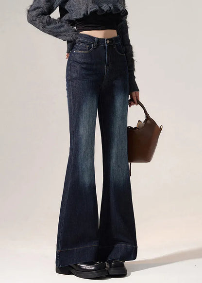 Modern Navy Pockets High Waist Denim Flared Trousers Spring