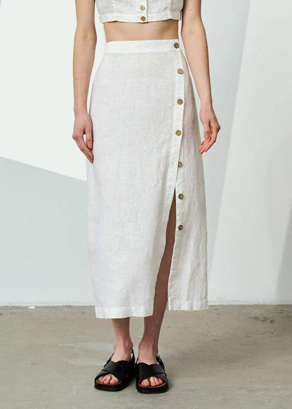 Original Design White Elastic Waist Side Open Linen Skirts Summer