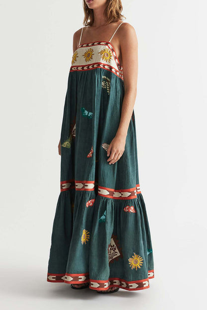 Vacation Graffiti Print Patchwork Square Neck Sling Dresses
