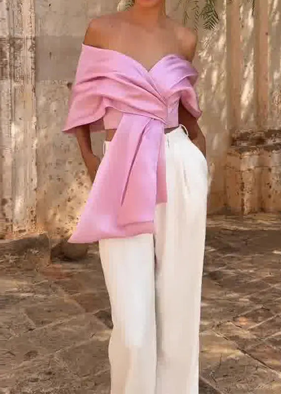 Stylish Pink Cold Shoulder Asymmetrical Silk Top Summer