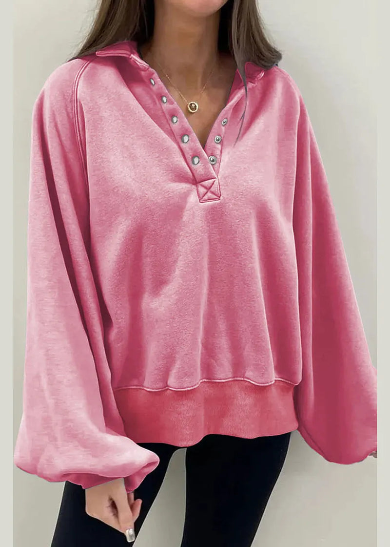 Pink Peter Pan Collar Cotton Sweatshirt Lantern Sleeve