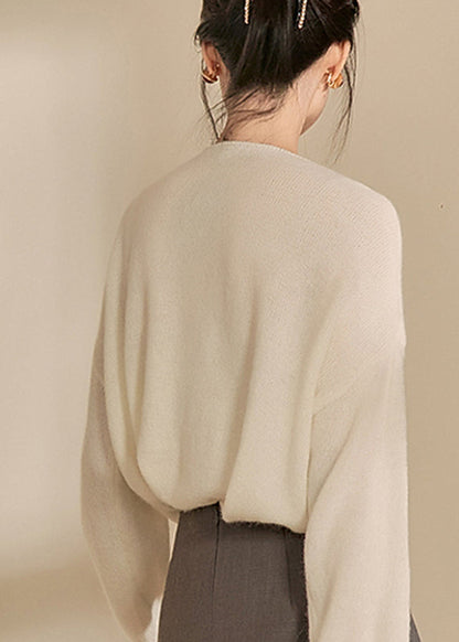 Diy Beige V Neck Lace Patchwork Cozy Cotton Knit Sweaters Winter