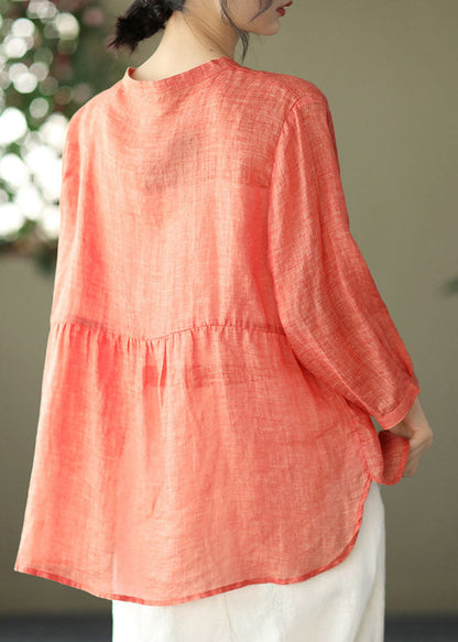 Orange Stand Collar Linen Blouse Top Bracelet Sleeve