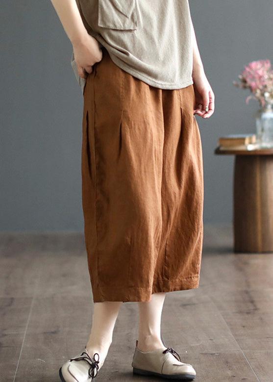Army Green Pockets Elastic Waist Cozy Linen Wide Leg Pants Summer