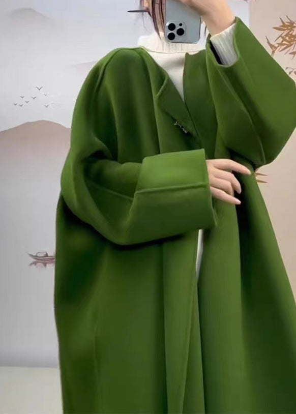 Classy Green O Neck Pockets Woolen Coat Fall