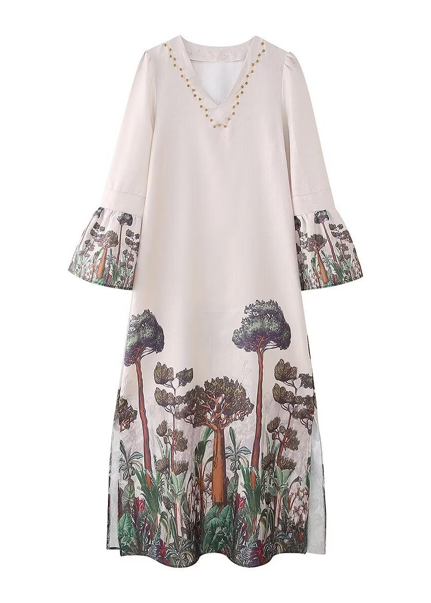 V Neck Print Side Open Cotton Long Dresses Summer