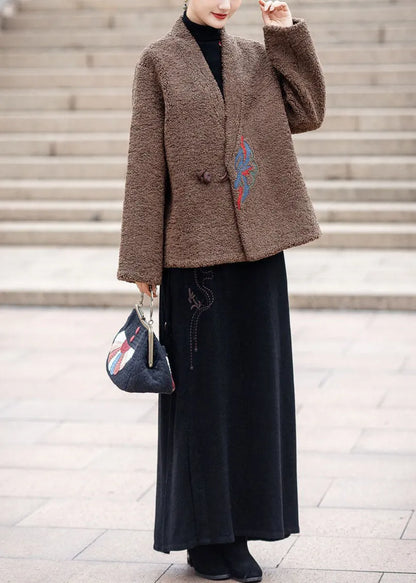 Modern Chocolate V Neck Embroidered Thick Teddy Faux Fur Coats Winter