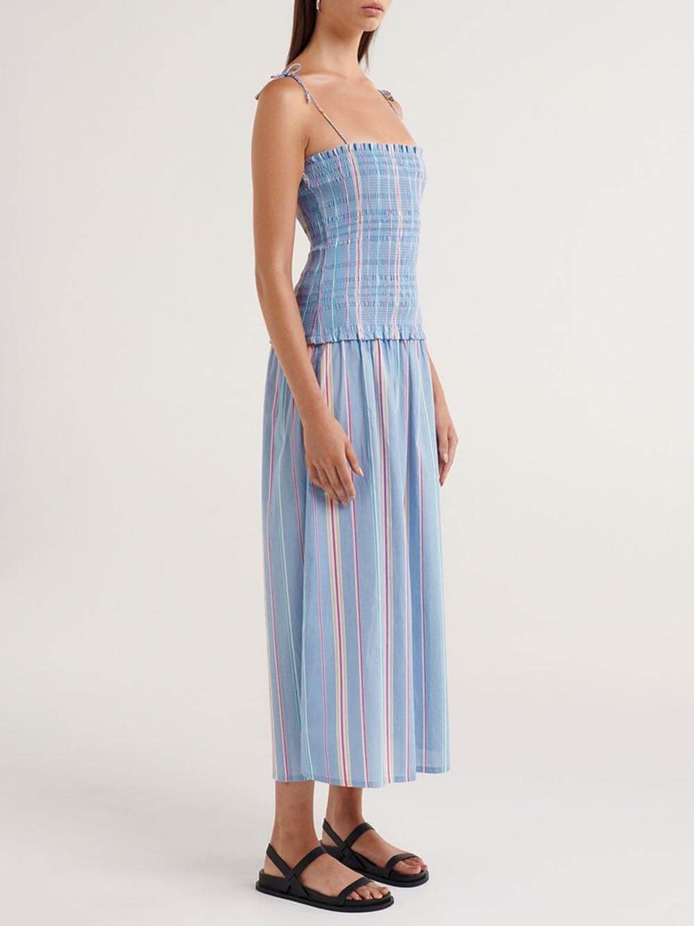 Pleated Striped Printed Stretch Panel Midi Dress
