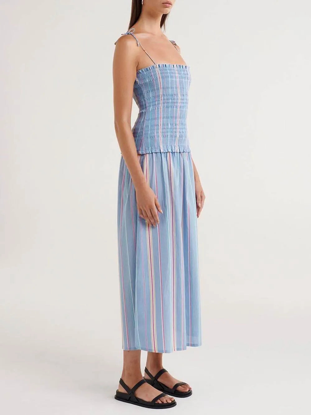 Pleated Striped Printed Stretch Panel Midi Dress