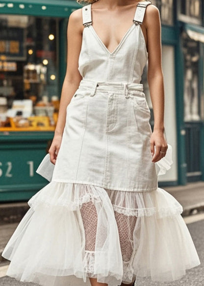 White V Neck Patchwork Tulle Denim Dresses Summer