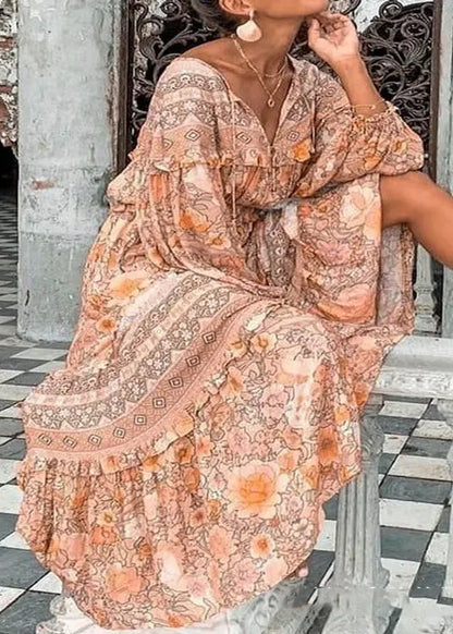 Pink V Neck Print Ruffled Cotton Long Dress Spring