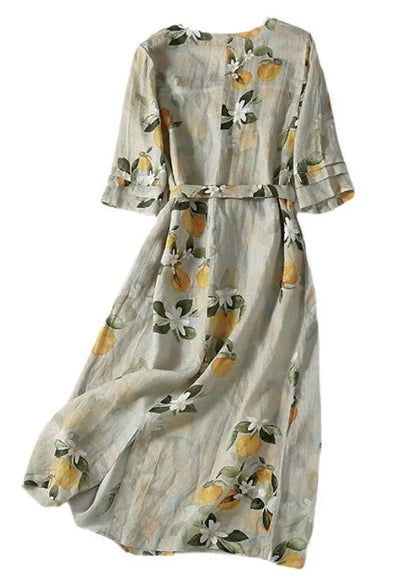 Light Green V Neck Print Lace Up Linen Long Dresses Summer