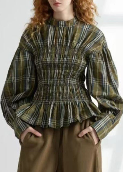 Art Green Plaid Wrinkled Cotton Shirt Spring