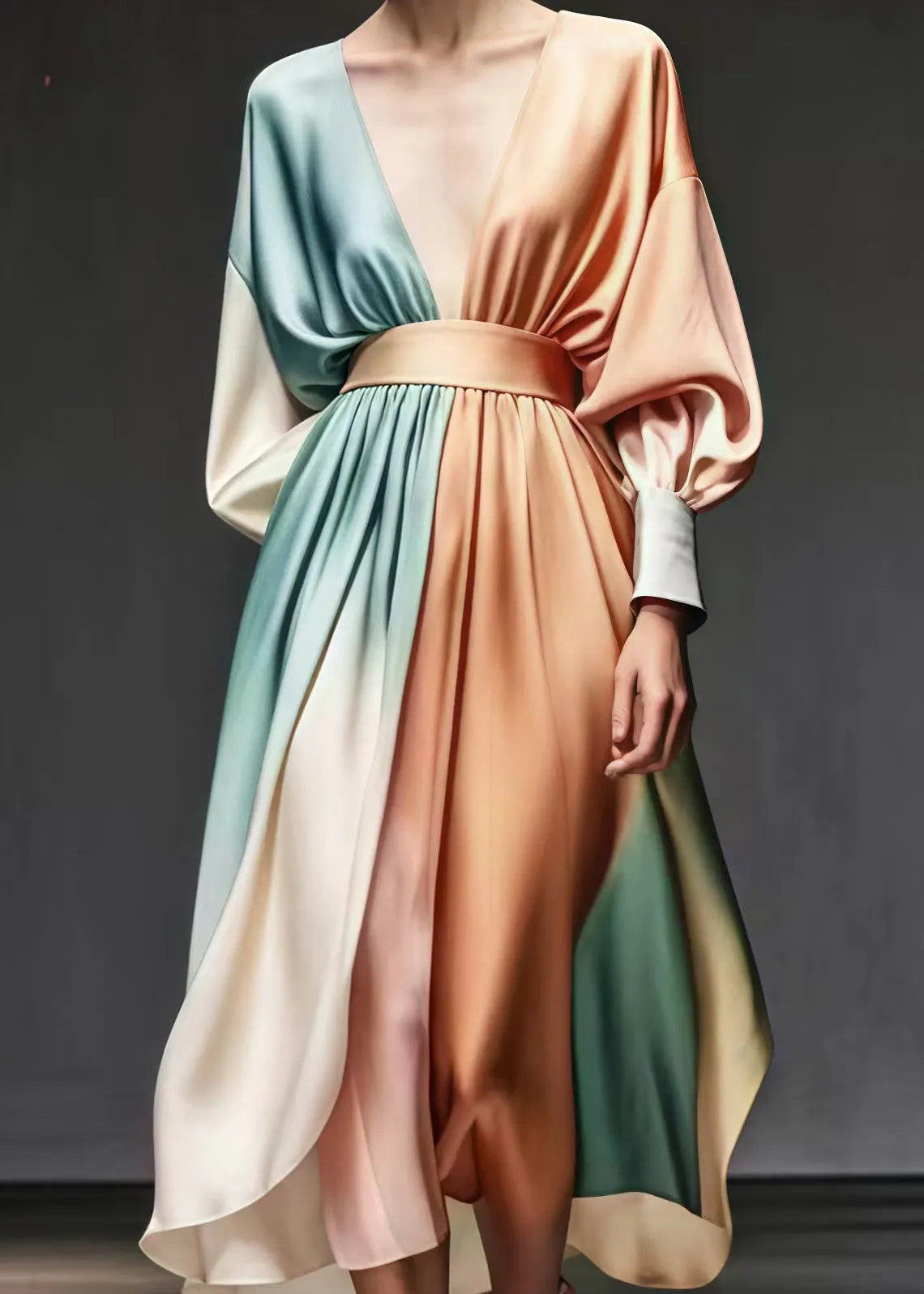 Champagne Patchwork Draping Silk Dress V Neck Exra Large Hem Spring