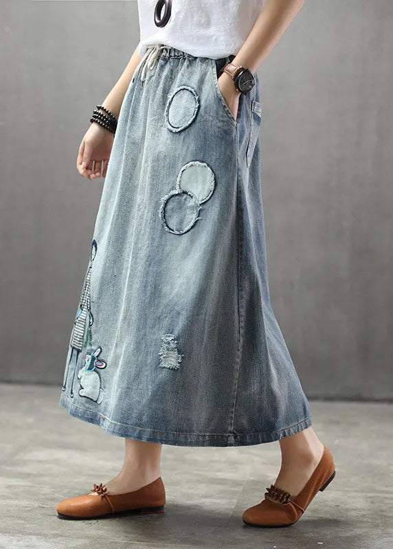 Light Blue Elastic Waist Patchwork Cartoon Embroidered Tulle Denim Skirts Spring