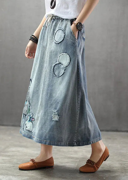 Light Blue Elastic Waist Patchwork Cartoon Embroidered Tulle Denim Skirts Spring