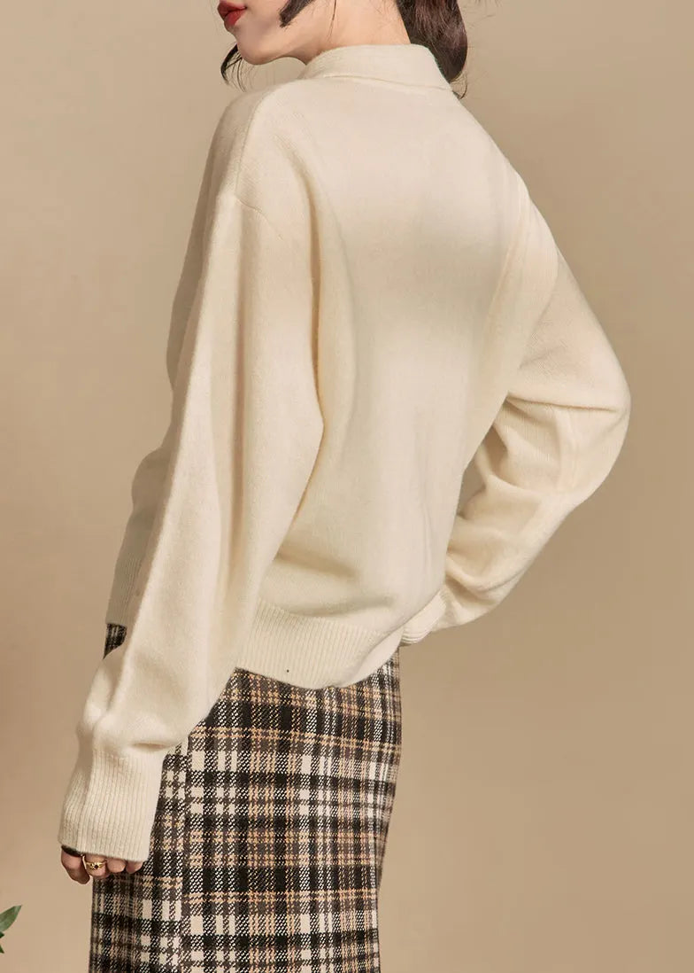 Beige Bow Button Knit Sweaters Winter