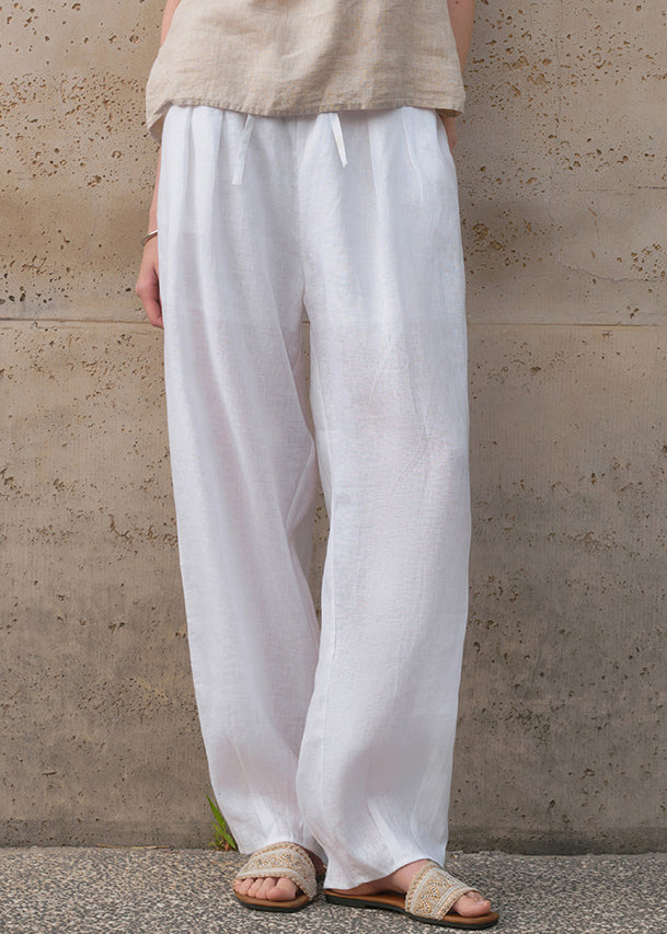 Simple Style White Pockets Elastic Waist Linen Pants Summer