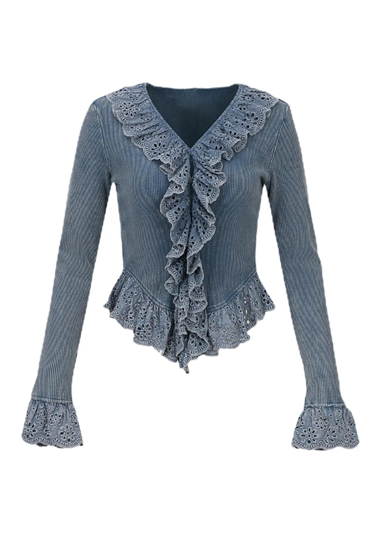 French Beige V Neck Lace Patchwork Hollow Out Top Spring