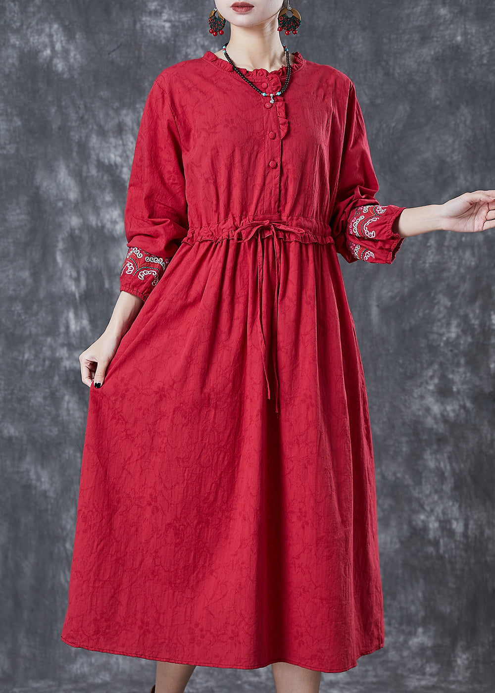Red Embroidered Jacquard Cotton Cinched Dresses Fall