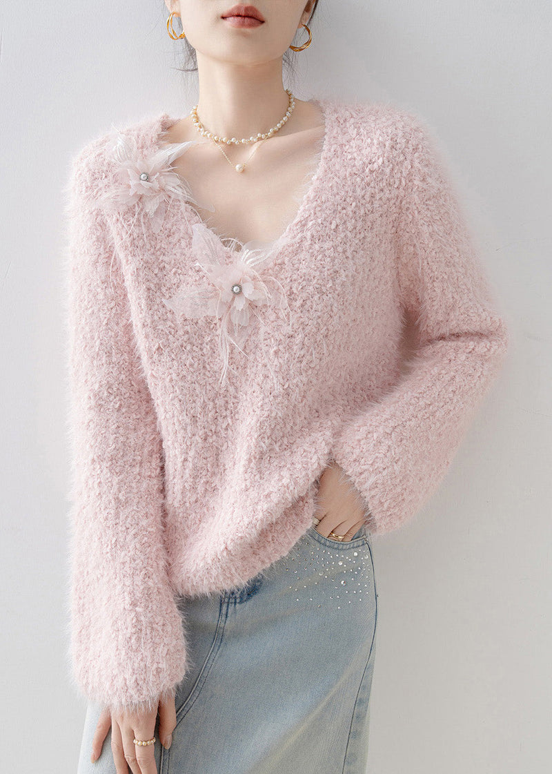 French Pink V Neck Knit Sweater Tops Spring