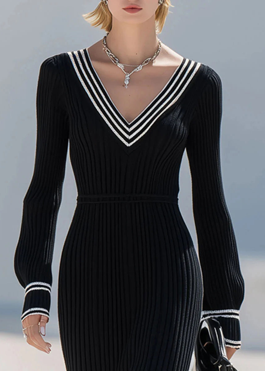 Black V Neck Striped Patchwork Knit Dress Fall