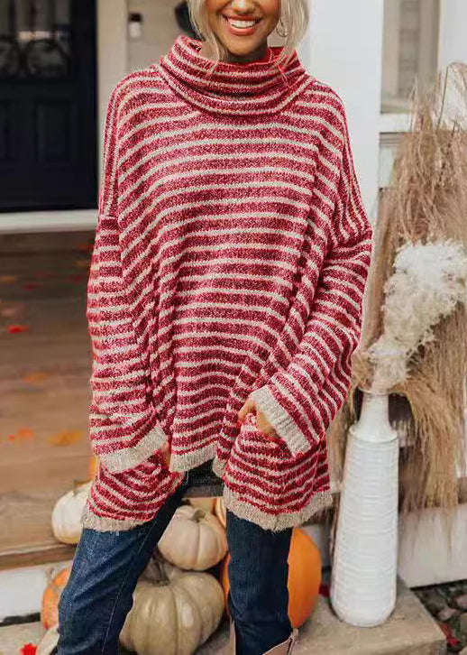 Black Hign Neck Thick Striped Knitted Sweaters Tops Fall