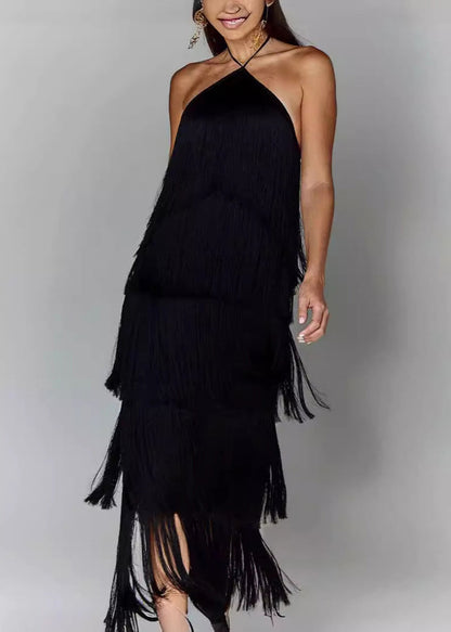Camel Tassel Backless Halter Long Dress Summer