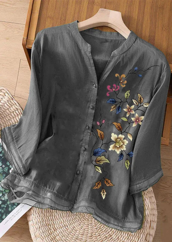 Green Embroideried Button Patchwork Linen Top Bracelet Sleeve