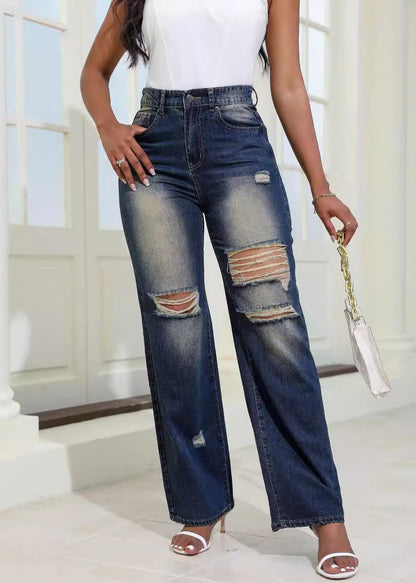 Stylish Blue Hole High Waist Denim Wide Leg Pants Summer