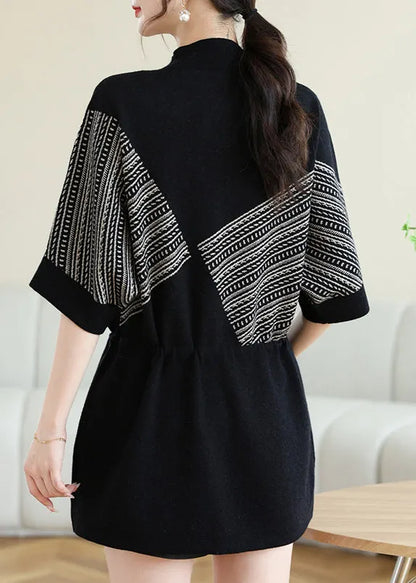 New Coffee O-neck Print Drawstring Knit Top Spring