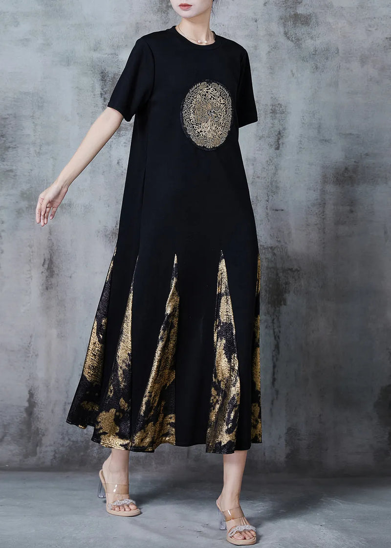 Black Sequins Patchwork Cotton Robe Dresses Summer