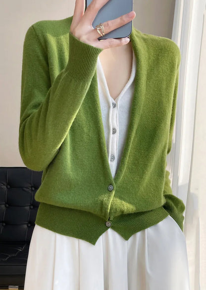 Green V Neck Button Patchwork Wool Knit Top Fall
