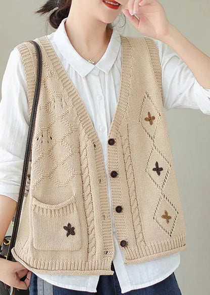 Versatile Beige V Neck Embroideried Knit Vest Fall