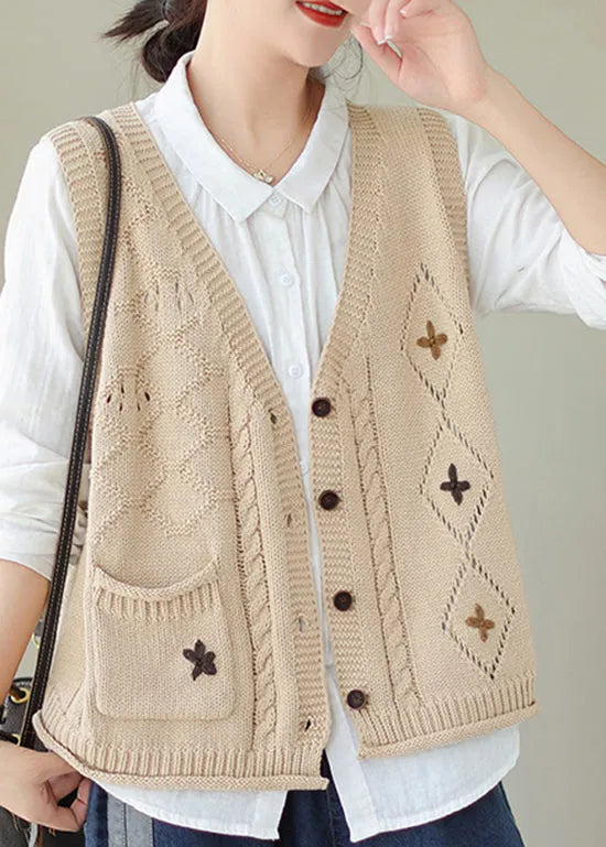 Versatile Beige V Neck Embroideried Knit Vest Fall