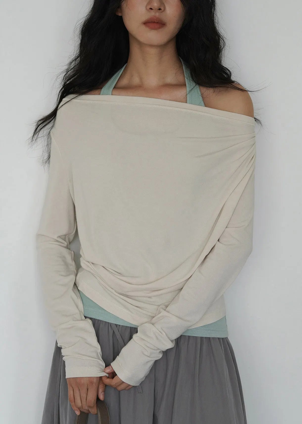 Dark Gray Off Shoulder Topand Light Green Interior Layered Set