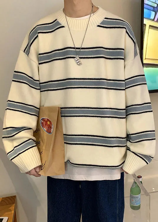 French White Striped Cozy Knit Sweaters Winter