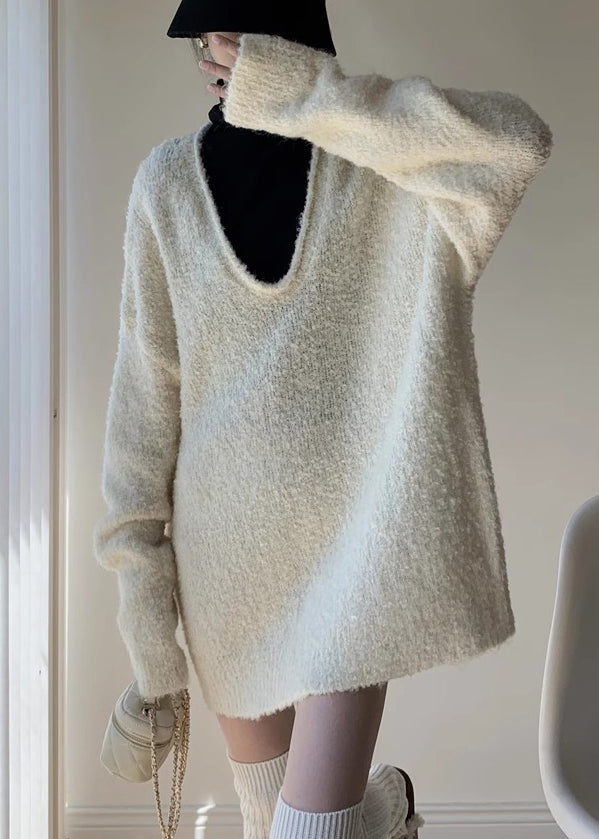 White Cozy Knit Winter Two Pieces Set V Neck