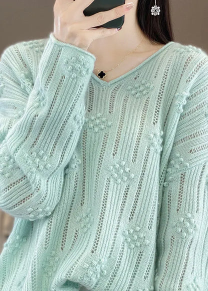 Rose V Neck Hollow Out Cotton Knit Sweaters Fall