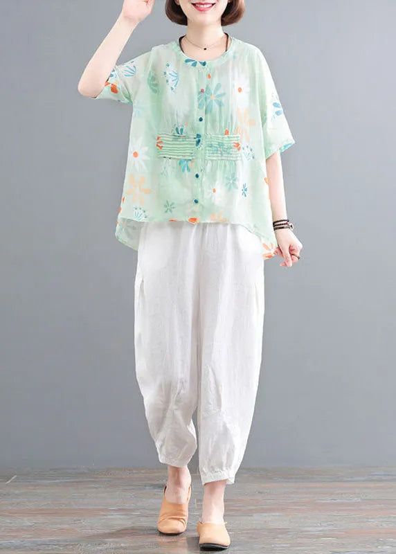 Green O-neck Button Wrinkled Print Cotton Shirts Half Sleeve