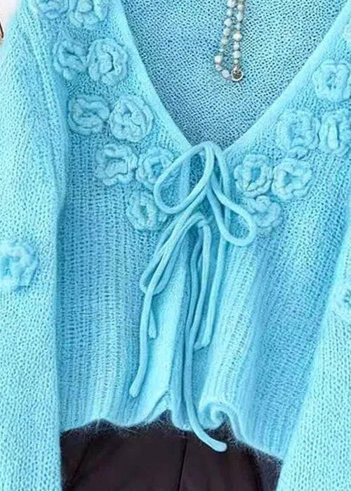 Light Blue Original Design Lace Up Knit Cardigan Fall