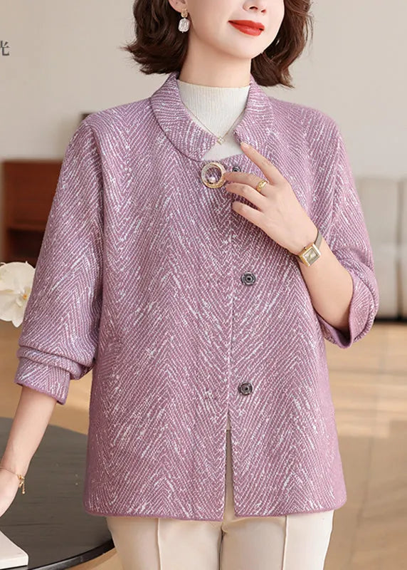 New Purple O-neck Patchwork Knit Cardigan Fall