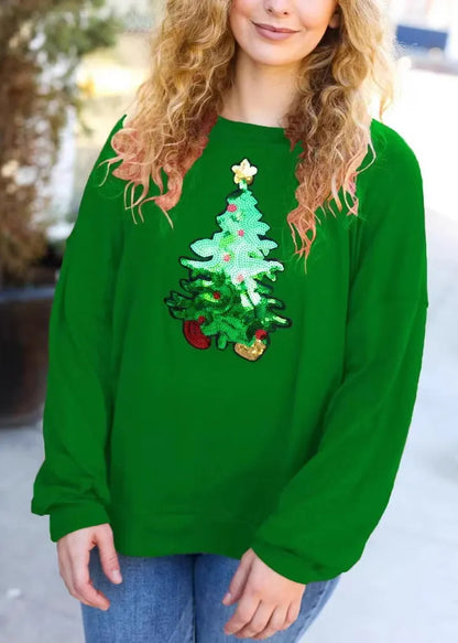 Red O Neck Christmas Tree Sequins Cotton Sweatshirts Top Winter