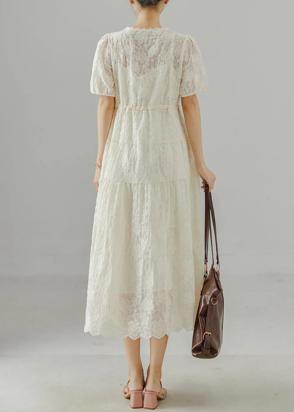 Beige Embroidered Cotton Cinched Dress Summer