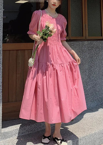 Pink O Neck Puff Sleeve Wrinkled Patchwork Cotton Long Dress