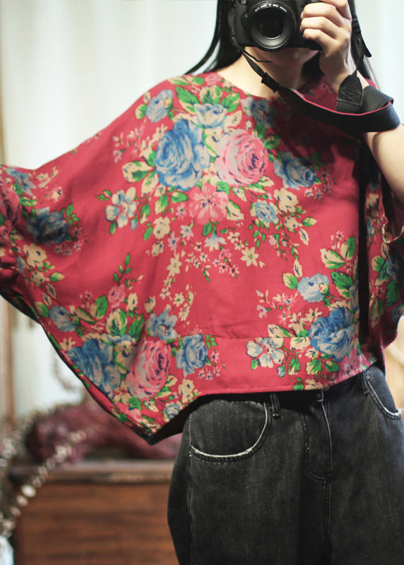 Loose Red O-neck Print Cotton T Shirt Long Sleeve