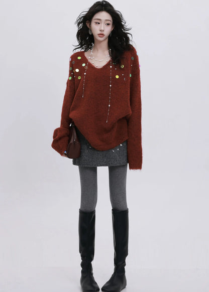 French Grey Sequins Rhinestone Knit Short Sweater Winter
